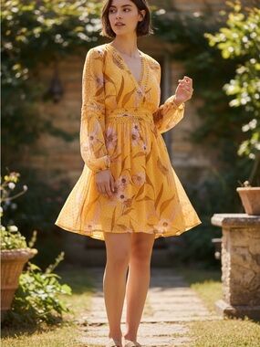 Ted Baker 4 Yellow Floral V-Neck Long Sleeve Dress